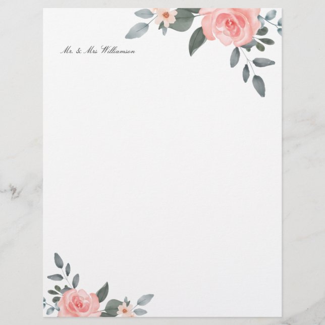 En-tête De Lettre Aquarelle rose pâle Rose floral et verdure (Devant)