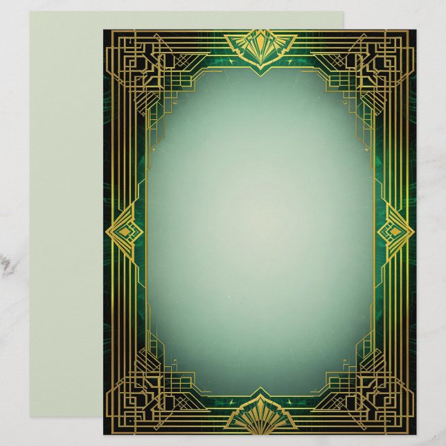 En-tête De Lettre Art Deco Fan Frame on Green Stationery Paper (Devant / Derrière)