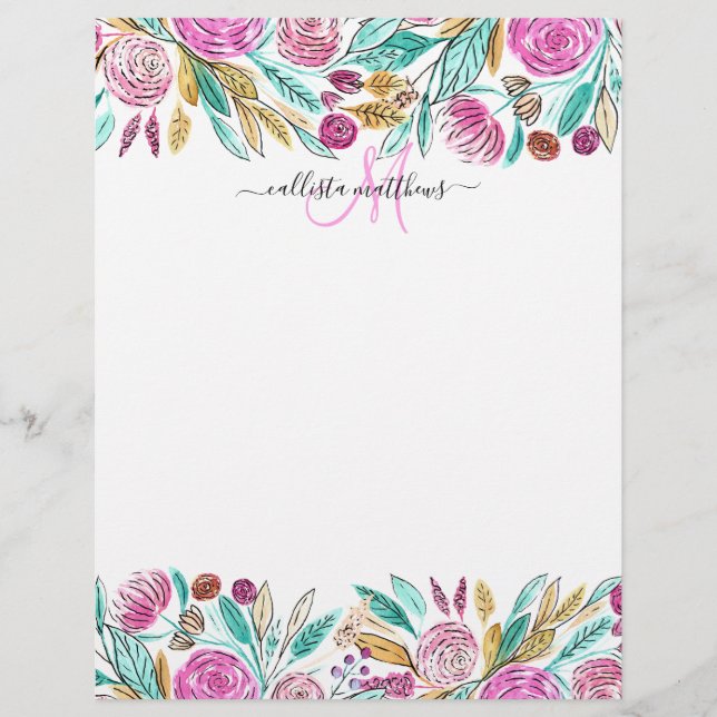 En-tête De Lettre Artsy Elegant rose Turquoise Aquarelle Florale Mon (Devant)