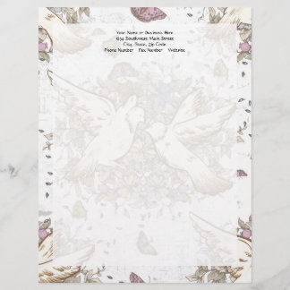 En-tête De Lettre Avec Motif Inséparables vintages, deux colombes blanches flor