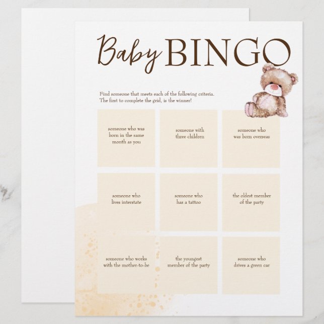 En-tête De Lettre Baby shower jeu de bingo brun modèle personnalisé (Devant / Derrière)