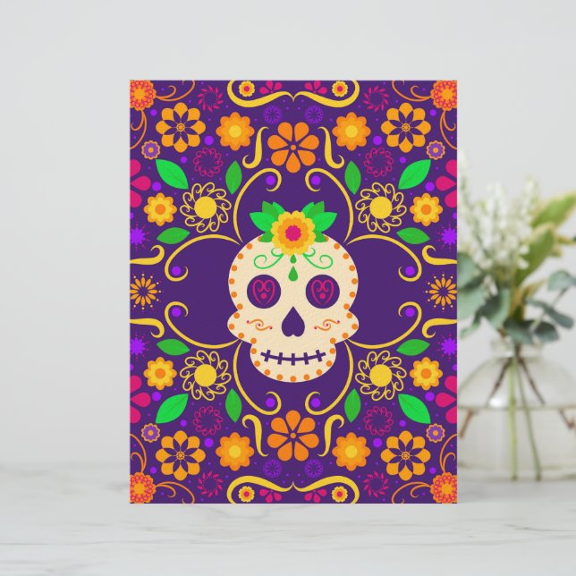 En-tête De Lettre Beau crâne avec Fleurs Día de los Muertos (Debout devant)