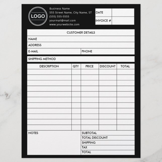 En-tête De Lettre Black Invoice Business Sales Logo Form Receipt (Devant)