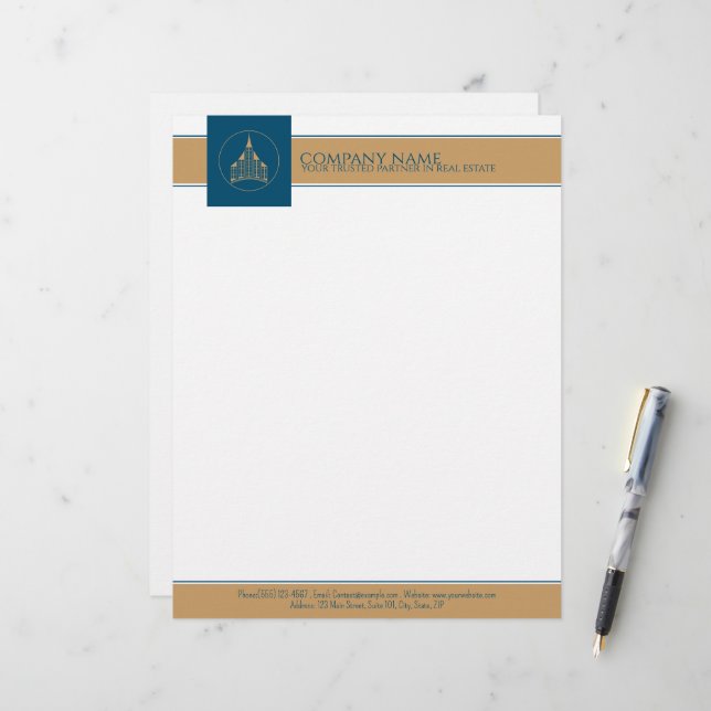 En-tête De Lettre Bleu moderne, Blanc, Agent immobilier Brown (Devant/Arrière en situation)