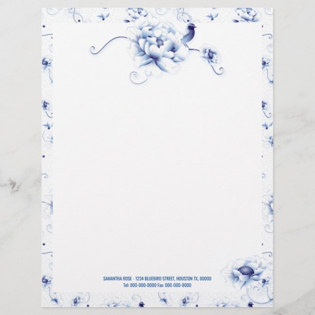 En-tête De Lettre Blue Bird Rose Chinoiserie Floral Garden Mariage (Devant)