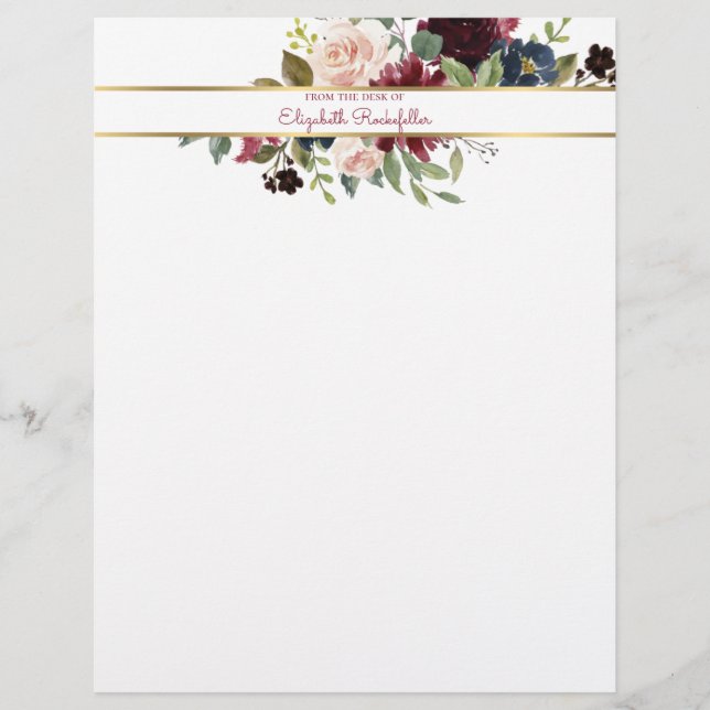 En-tête De Lettre Bouquet floral Boho Gold Boho de la marine Bourgog (Devant)