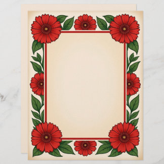 En-tête De Lettre Bright Red Flowers & Frame Stationery Paper