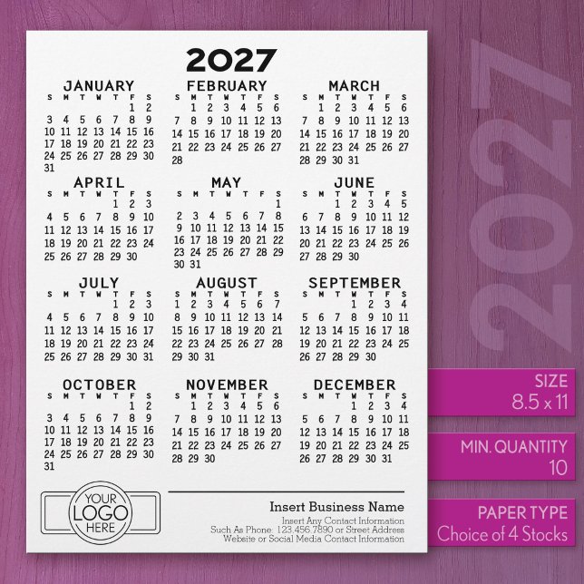 En-tête De Lettre Calendrier 2027 - Logo de base pour les entreprise (2027 Calendar on US Standard Size Letter Paper)