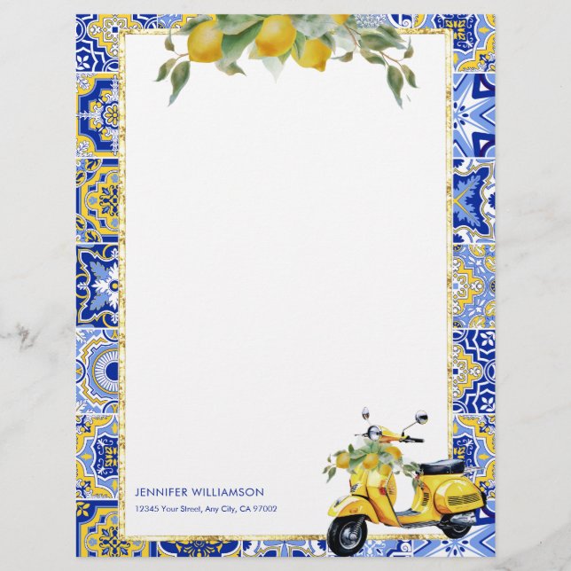 En-tête De Lettre Carrelage bleu Amalfi Scooter italien Lemons Capri (Devant)