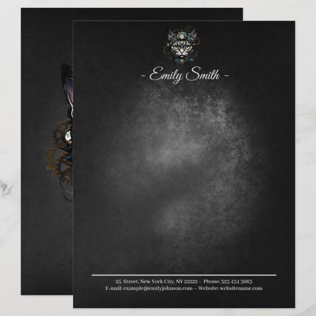 En-tête De Lettre Chatte steampunk mignonne avec des horloges et des (Devant / Derrière)