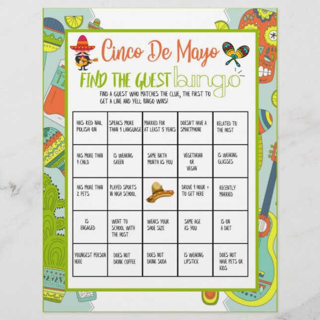 En-tête De Lettre Cinco De Mayo Trouver L'Invité Jeu De Bingo (Devant)