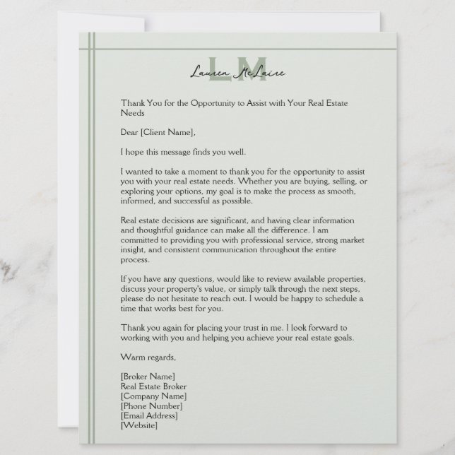 En-tête De Lettre Classic Sage Realtor Client Correspondence Letter (Devant)