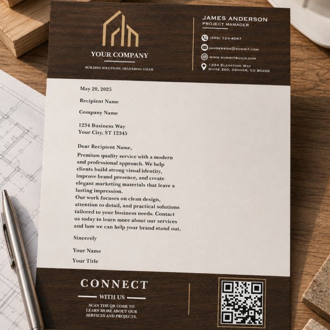 En-tête De Lettre Construction de code QR à grain de bois moderne (Modern Wood Grain QR Code Construction Letterhead
)