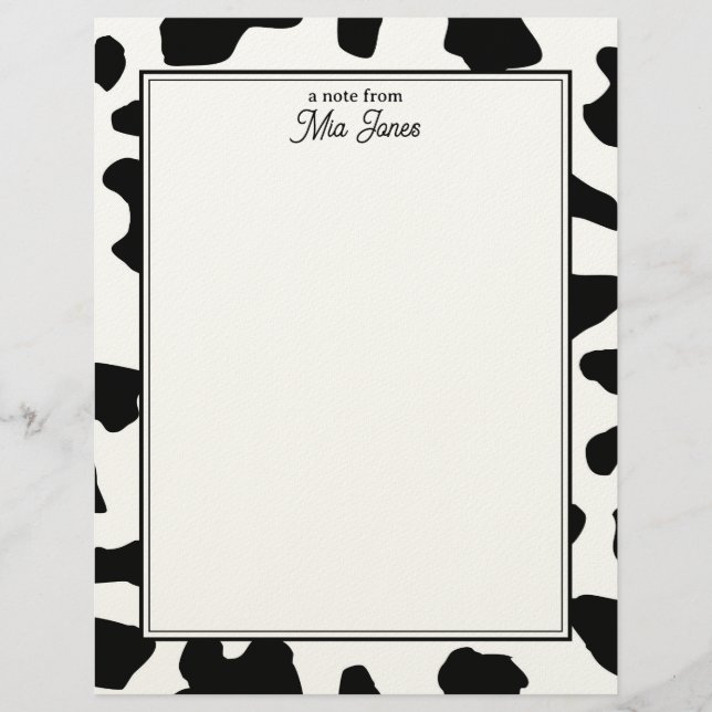 En-tête De Lettre Cow Print Pattern Black and White Personalized (Devant)