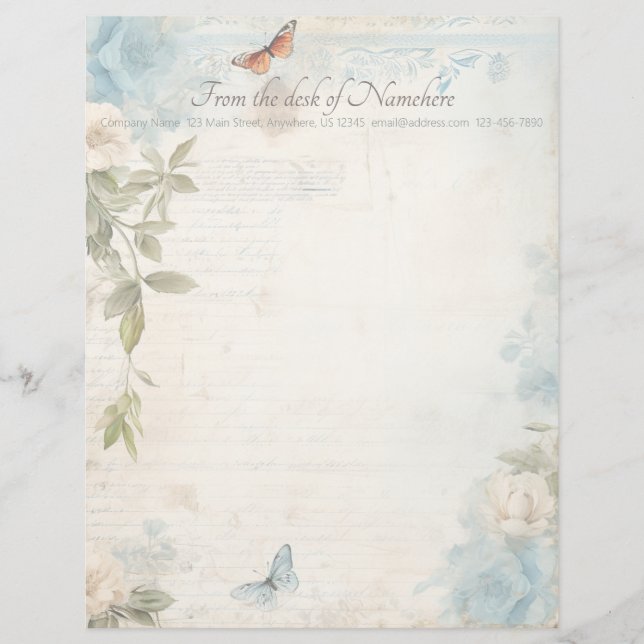 En-tête De Lettre Create Your Own Blue Shabby Chic Buttefly Roses (Devant)