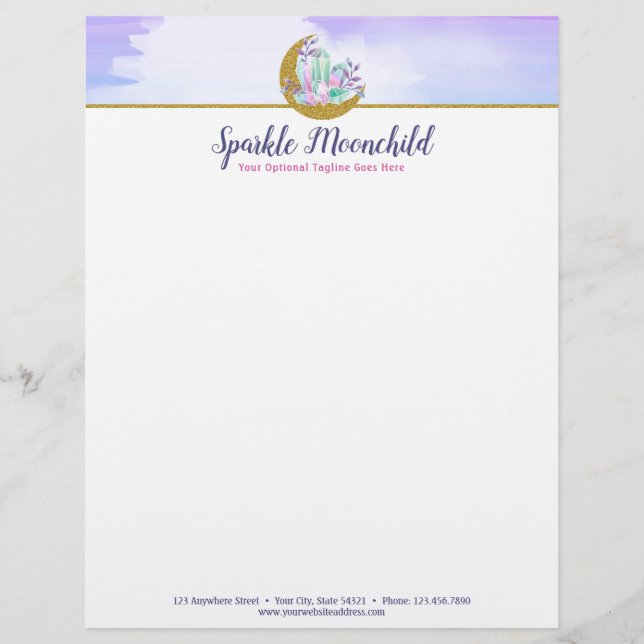 En-tête De Lettre Cristaux d'aquarelle & Lune Croissante en Or Bouti (Devant)