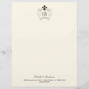 En-tête De Lettre Customisée Elegant Fleur de Lis Monogram blanc noir