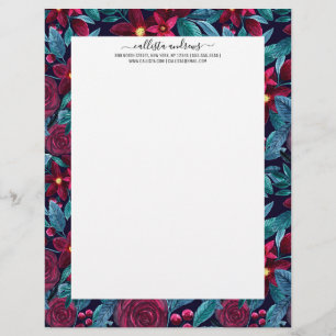 En-tête De Lettre Elégante marine Bourgogne Noël Floral Aquarelle