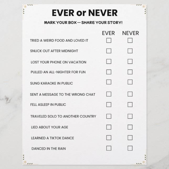 En-tête De Lettre Ever or Never Game – Printable Icebreaker (Devant)