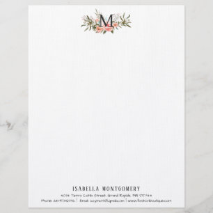 En-tête De Lettre Fille Corail Floral Aquarelle Boho Monogramme