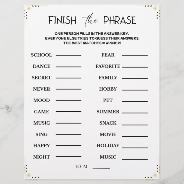 En-tête De Lettre Finish the Phrase Game – Printable Guessing Party (Devant)
