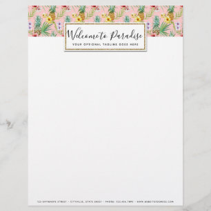 En-tête De Lettre Fleurs d'ananas et d'hibiscus Aquarelle Tropicale