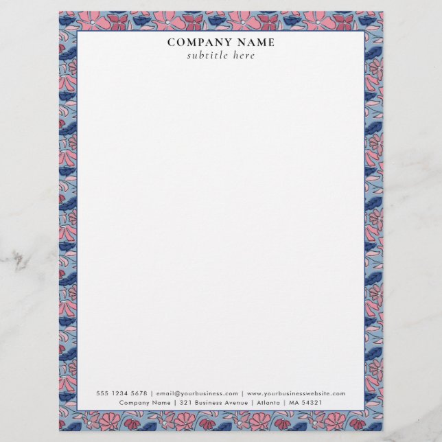 En-tête De Lettre Floral Pink Blue Pattern Company Name Details (Devant)