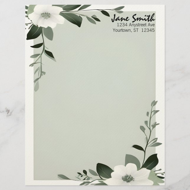 En-tête De Lettre Flower Overlay Sage Green Personalized Stationery (Devant)