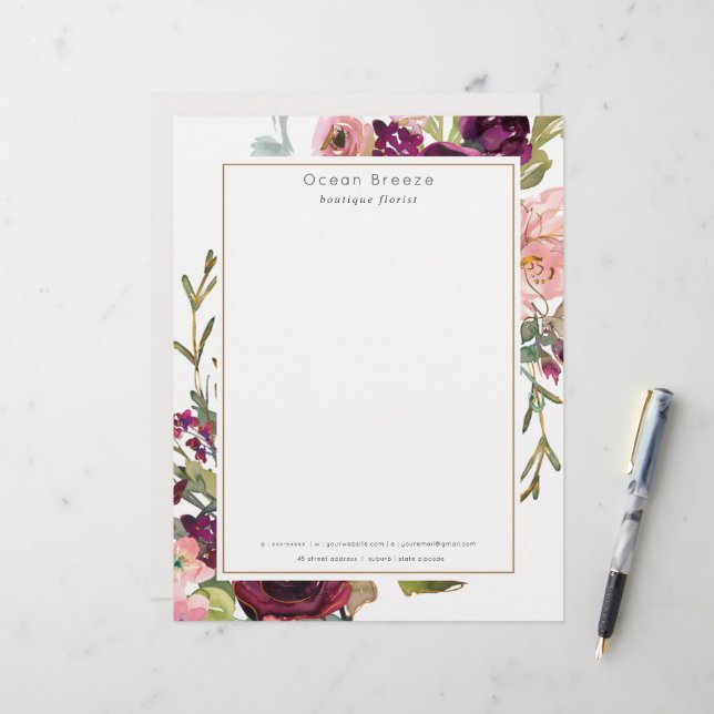 En-tête De Lettre Glam Gold Blush Bourgogne Aquarelle Rose Floral (Devant/Arrière en situation)