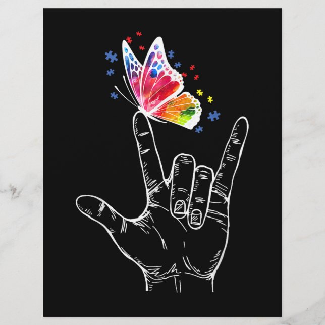 En-tête De Lettre I Love You Hand Sign Language Butterfly Autism (Devant)
