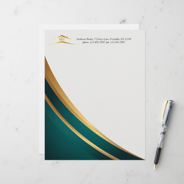 En-tête De Lettre Immobilier Vert et Doré Moderne (Devant/Arrière en situation)