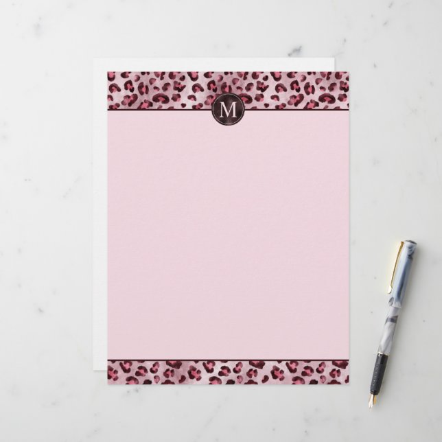 En-tête De Lettre Impression d'animal à motif léopard rose avec mono (Devant/Arrière en situation)