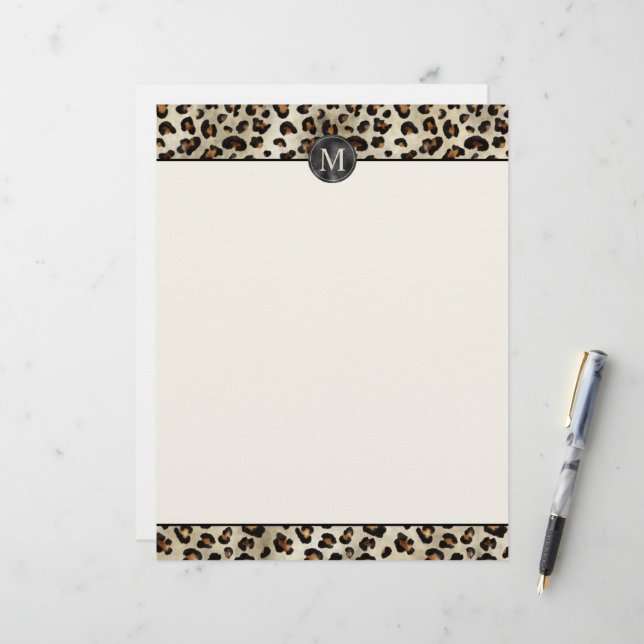 En-tête De Lettre Impression d'animal léopard avec monogramme en fau (Devant/Arrière en situation)