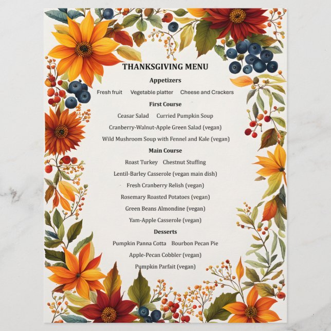 En-tête De Lettre Invitation de menu Thème d'automne Fleurs & Baies (Devant)