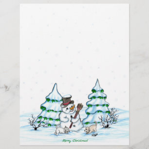 En-tête De Lettre Joyeux Noël! Snowman avec chat et chiot