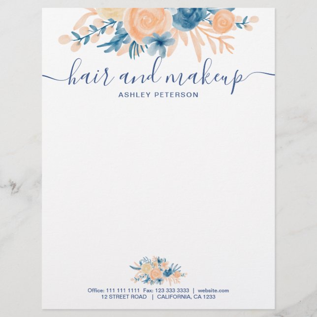 En-tête De Lettre Maquillage des cheveux bleu pêche floral aquarelle (Devant)