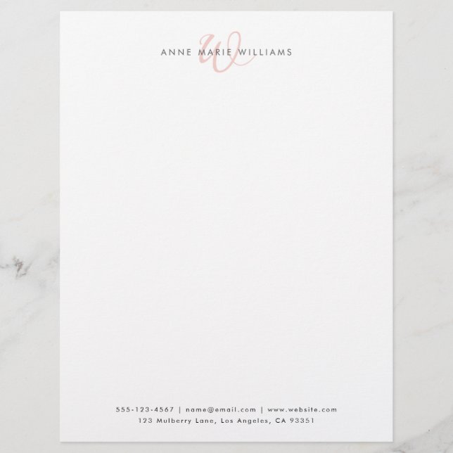 En-tête De Lettre Monogramme de script rose pâle blanc moderne (Devant)