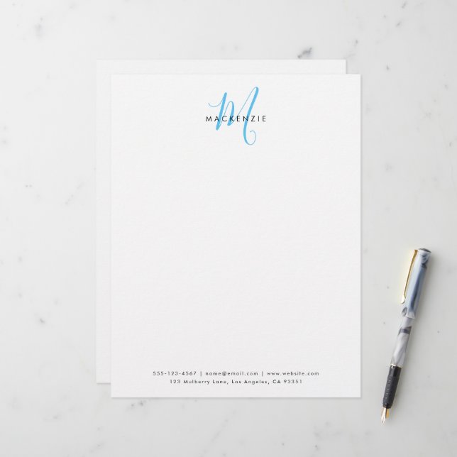 En-tête De Lettre Monogramme élégant moderne blanc ciel bleu script (Devant/Arrière en situation)