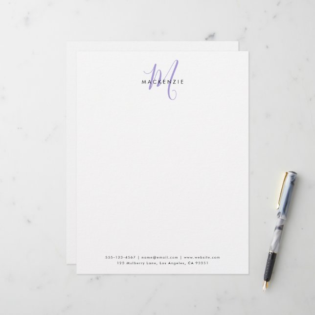 En-tête De Lettre Monogramme élégant moderne blanc lavande écriture (Devant/Arrière en situation)