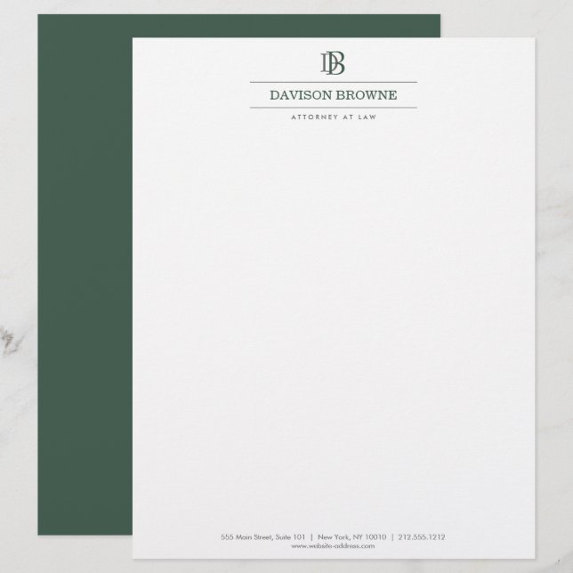 En-tête De Lettre Monogramme professionnel vert sur blanc (Devant / Derrière)
