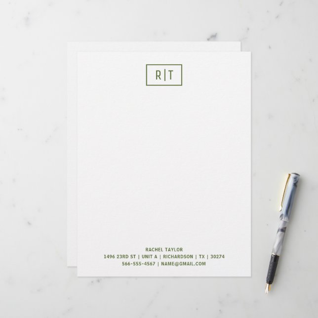 En-tête De Lettre Monogramme simple moderne vert olive foncé (Devant/Arrière en situation)