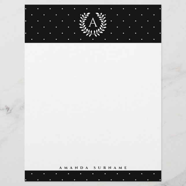En-tête De Lettre Motif à pois monogramme laurier blanc sur noir (Devant)