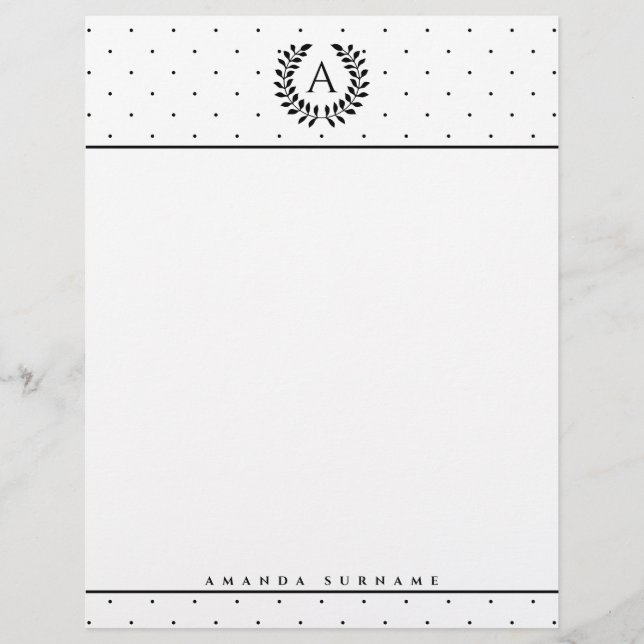 En-tête De Lettre Motif à pois monogramme laurier noir et blanc (Devant)