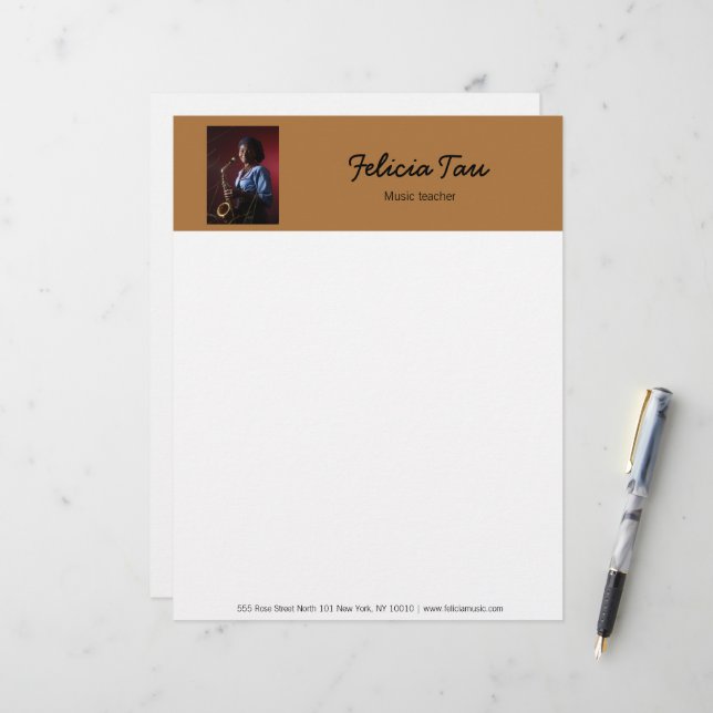En-tête De Lettre Musicien photo personnalisé brun (Devant/Arrière en situation)