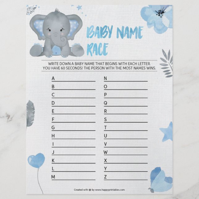 En-tête De Lettre Nom du bébé Race [Baby Elephant [Bleu] (Devant)