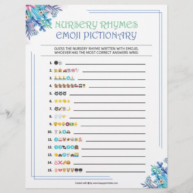 En-tête De Lettre Nursery Rhymes Emoji Pictionary [Floral bleu] (Devant)