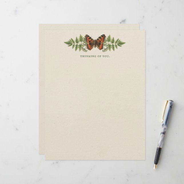En-tête De Lettre Papillon personnalisé Vintage botanique (Devant/Arrière en situation)