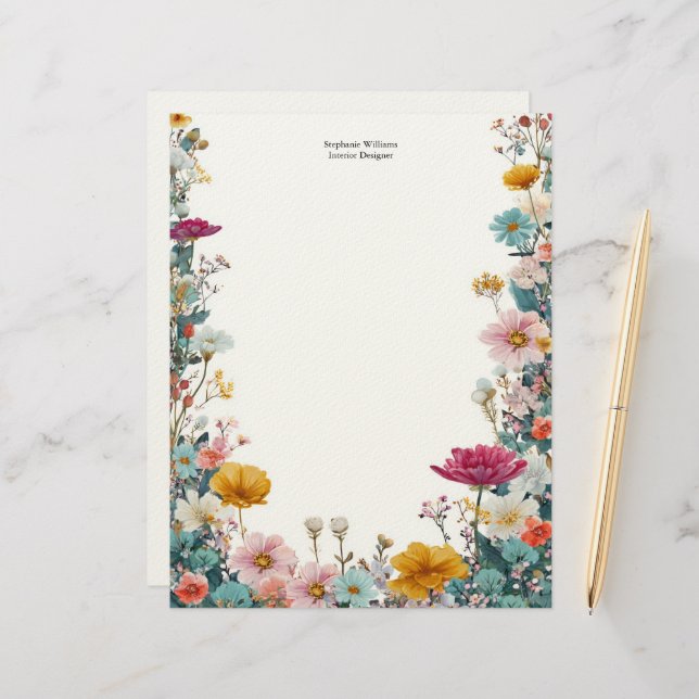 En-tête De Lettre Personalized Pink Yellow Teal Wildflowers  (Devant/Arrière en situation)