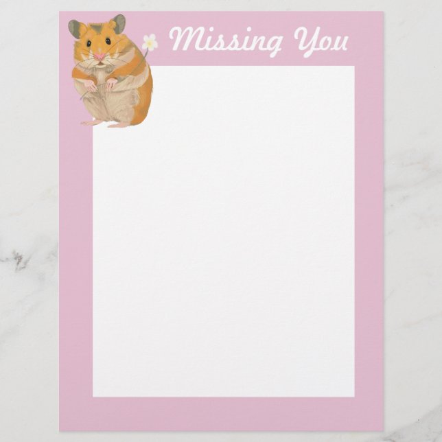 En-tête De Lettre Petit Hamster mignon tenant une fleur "Missing You (Devant)