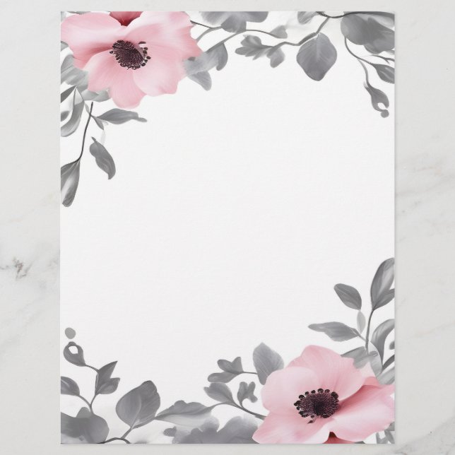 En-tête De Lettre Pink Flowers Gray Accents Stationery Paper (Devant)